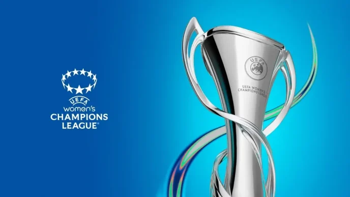 rofeo oficial de la UEFA Women's Champions League junto al logotipo del torneo sobre un fondo azul brillante.