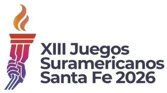 Logo oficial de los XIII Juegos Suramericanos Santa Fe 2026 con una antorcha encendida sostenida por tres manos.