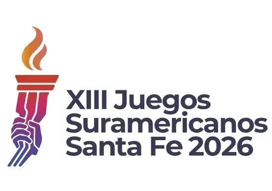 Logo oficial de los XIII Juegos Suramericanos Santa Fe 2026 con una antorcha encendida sostenida por tres manos.