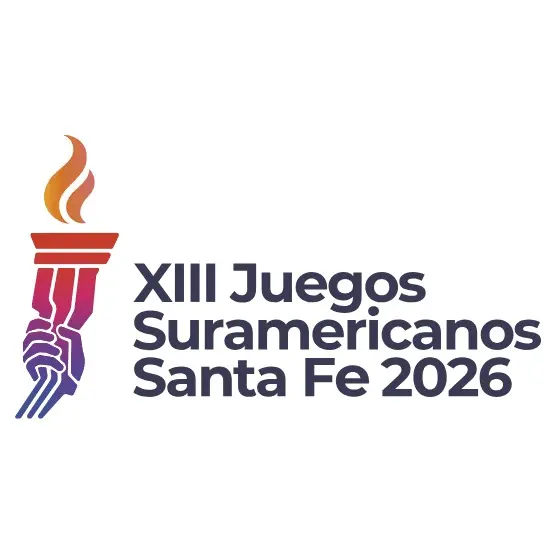 Logo oficial de los XIII Juegos Suramericanos Santa Fe 2026 con una antorcha encendida sostenida por tres manos.