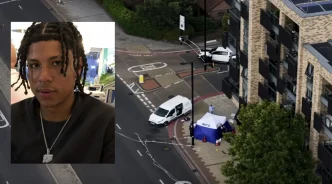 Retrato del joven Yeray Sánchez Morales junto a una vista aérea de la escena del crimen custodiada por la policía en Londres.