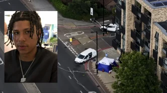 Retrato del joven Yeray Sánchez Morales junto a una vista aérea de la escena del crimen custodiada por la policía en Londres.