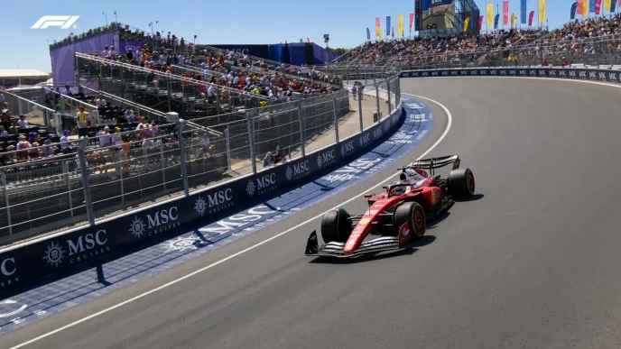 Monoplaza de Fórmula 1 tomando una curva peraltada junto a la grada en el circuito Madring durante el Gran Premio de España.