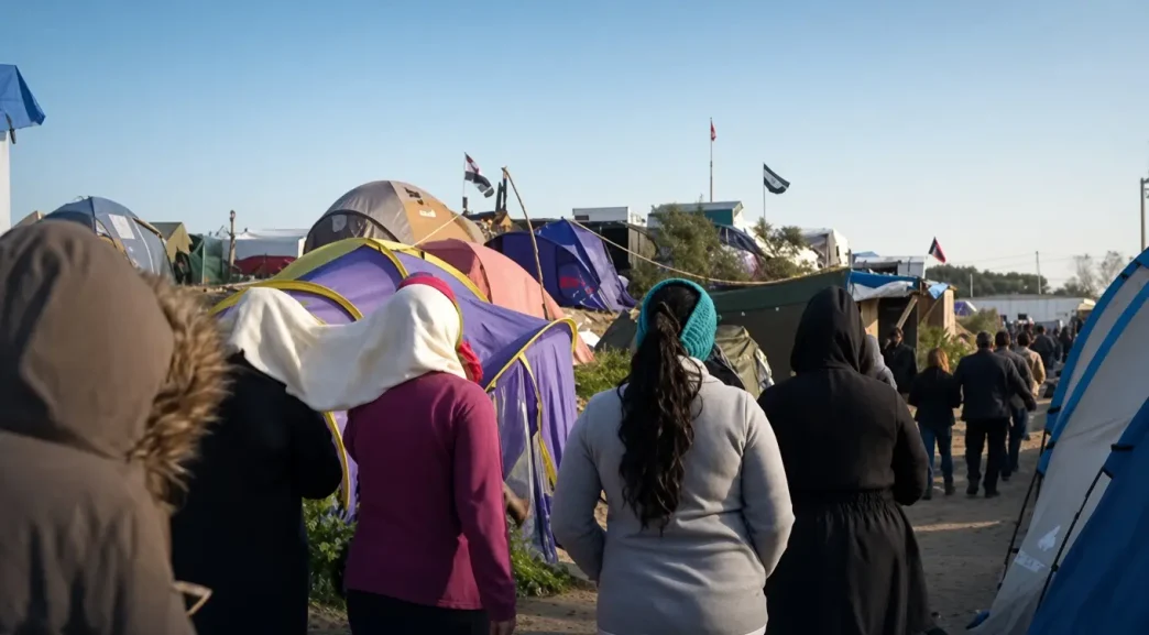 Grupo de migrantes caminando de espaldas por un campamento informal de tiendas de campaña en el norte de Francia.