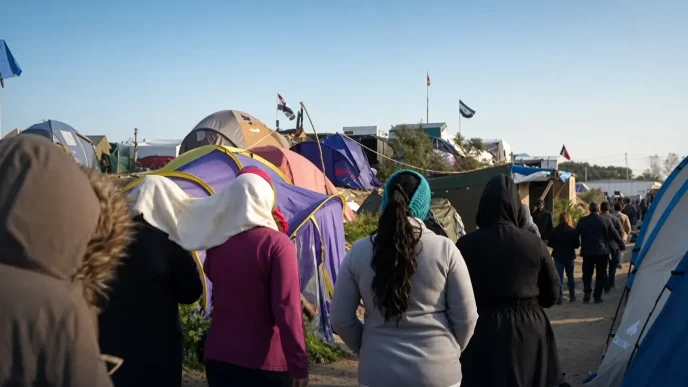 Grupo de migrantes caminando de espaldas por un campamento informal de tiendas de campaña en el norte de Francia.
