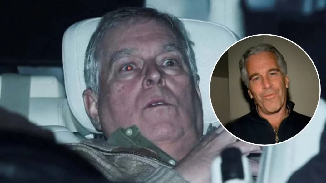 Andrew Mountbatten-Windsor en el interior de un vehículo junto a una imagen superpuesta de Jeffrey Epstein