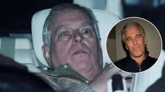 Andrew Mountbatten-Windsor en el interior de un vehículo junto a una imagen superpuesta de Jeffrey Epstein