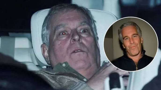 Andrew Mountbatten-Windsor en el interior de un vehículo junto a una imagen superpuesta de Jeffrey Epstein