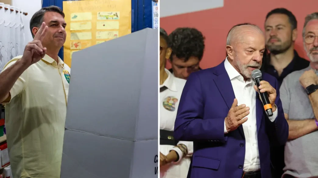 Imagen dividida que muestra a Flávio Bolsonaro haciendo el gesto de la victoria junto a una urna y a Lula da Silva hablando por micrófono.