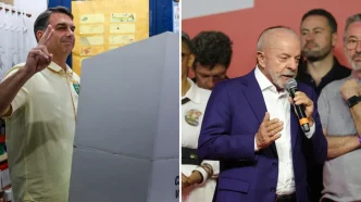 Imagen dividida que muestra a Flávio Bolsonaro haciendo el gesto de la victoria junto a una urna y a Lula da Silva hablando por micrófono.