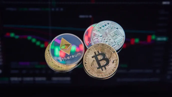 Monedas físicas de criptomonedas como Bitcoin y Ethereum sobre un fondo de gráficos bursátiles digitales.
