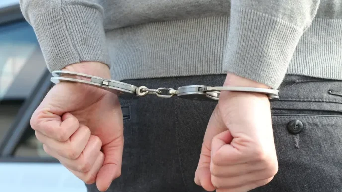 Persona con jersey gris y pantalones oscuros inmovilizada mediante grilletes metálicos en las muñecas a la espalda.