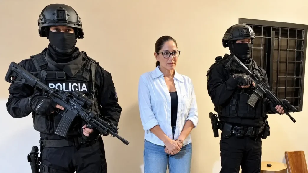 Dos agentes de la policía táctica con pasamontañas negros y fusiles de asalto flanquean a una mujer con gafas en el interior de una sala.