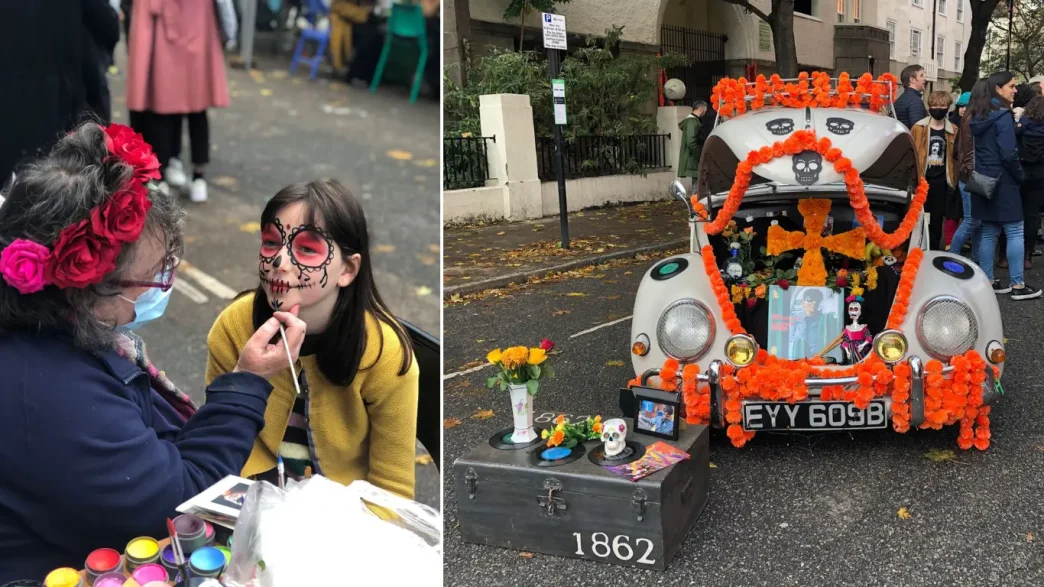 Una maquilladora caracteriza la cara de una niña como Catrina con pintura facial de calavera mexicana.