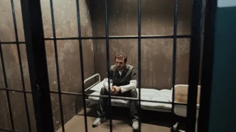 Un hombre sentado en la cama de una celda de prisión tras unos barrotes de hierro.