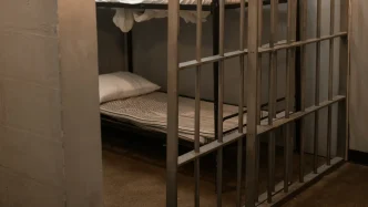 Cama vacía con sábana a rayas dentro de una celda de prisión tras unos barrotes de hierro.