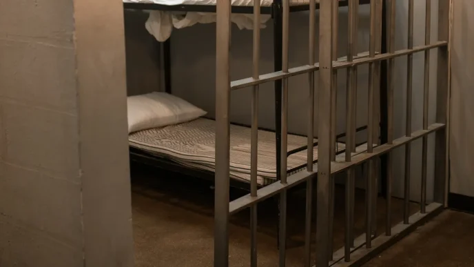 Cama vacía con sábana a rayas dentro de una celda de prisión tras unos barrotes de hierro.