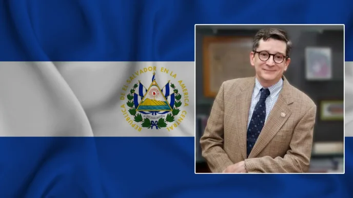 Retrato del embajador salvadoreño Francisco Alberto Lima Mena sobre la bandera oficial de El Salvador.