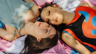 Dos personas jóvenes recostadas sobre una bandera del orgullo transgénero de colores rosa, blanco y azul.