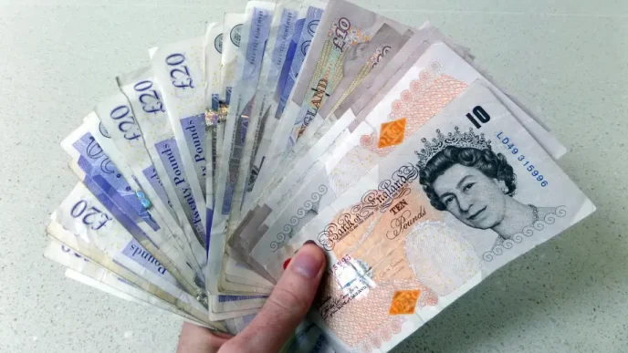 Mano sosteniendo un abanico de billetes de libras esterlinas británicas de diez y veinte libras.