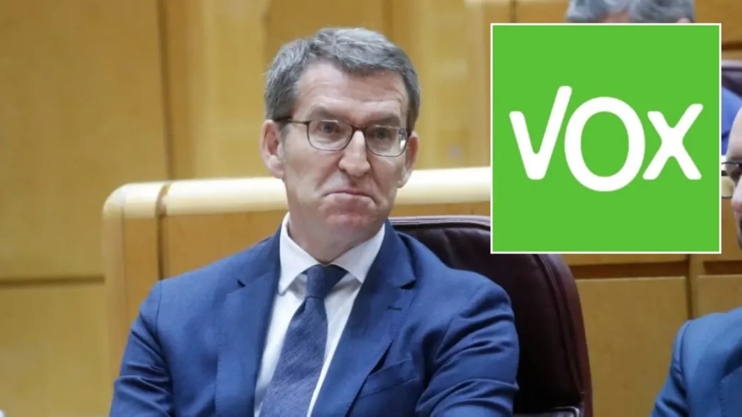 Alberto Núñez Feijóo sentado en el escaño del Congreso junto al logotipo verde de Vox en un recuadro superior.