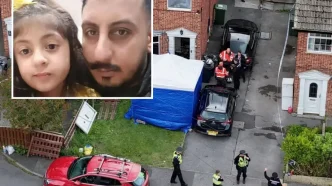 Vista aérea de la casa acordonada por la policía tras el incendio y un recuadro con la foto de Sohaib Ahmed y su hija Manahal