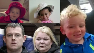 Composición fotográfica con los retratos de Biddy O'Brien, Jamie McGinn y sus dos hijos fallecidos.