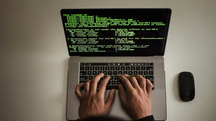 Manos de un programador escribiendo código verde sobre la pantalla de un ordenador portátil.