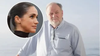 Meghan Markle aparece en un retrato circular junto a una fotografía de su padre, Thomas Markle, en la playa.