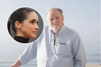 Meghan Markle aparece en un retrato circular junto a una fotografía de su padre, Thomas Markle, en la playa.
