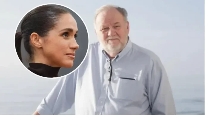 Meghan Markle aparece en un retrato circular junto a una fotografía de su padre, Thomas Markle, en la playa.
