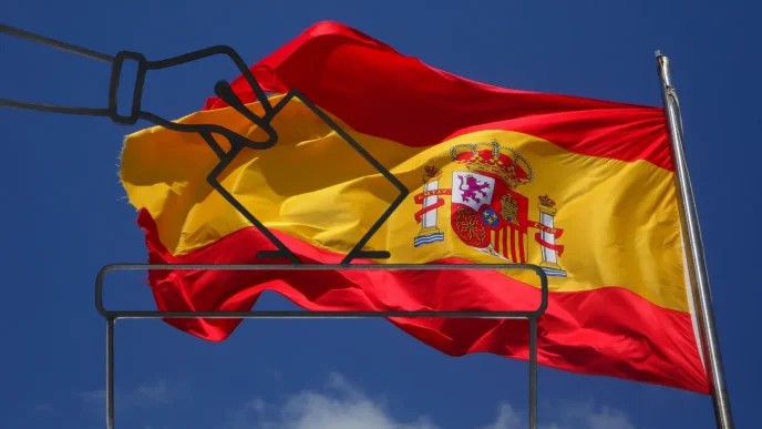 Ilustración de una mano introduciendo una papeleta en una urna electoral sobre la bandera de España ondeando al viento.