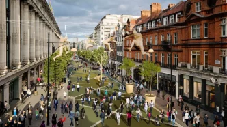 Recreación arquitectónica de Oxford Street peatonalizada con paseantes, árboles en maceteros y decoraciones suspendidas.