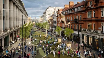 Recreación arquitectónica de Oxford Street peatonalizada con paseantes, árboles en maceteros y decoraciones suspendidas.