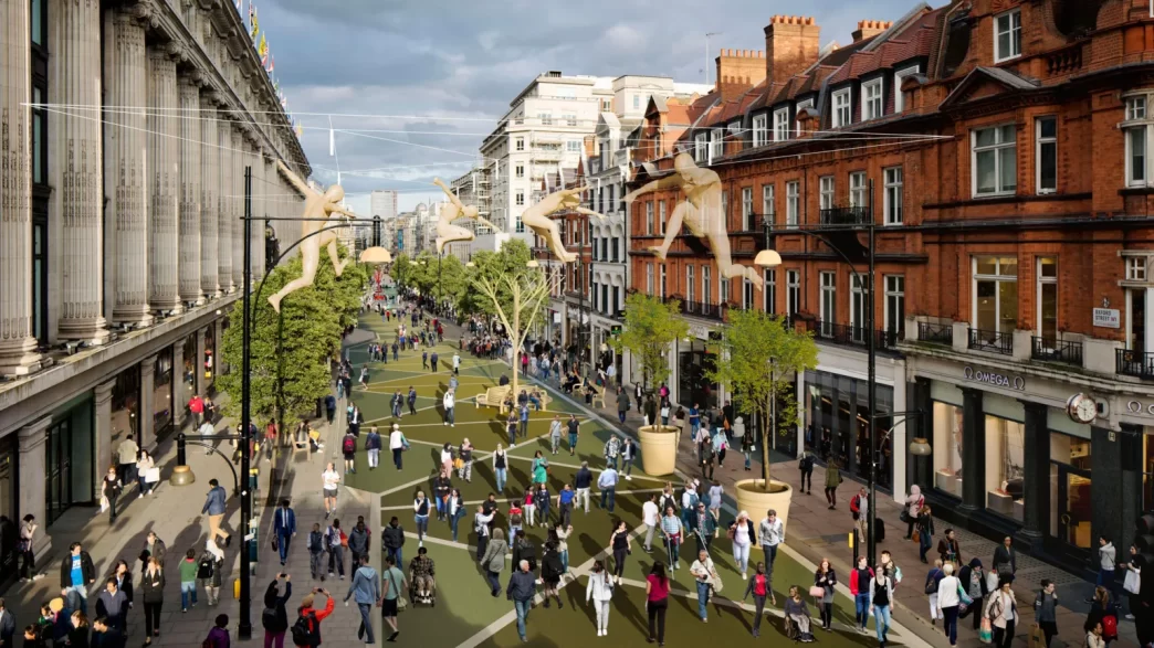 Recreación arquitectónica de Oxford Street peatonalizada con paseantes, árboles en maceteros y decoraciones suspendidas.