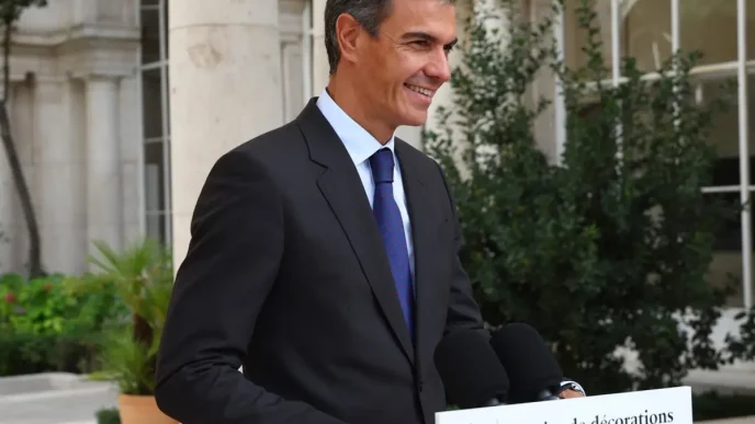 Pedro Sánchez sonriendo detrás del atril durante una rueda de prensa en Madrid.