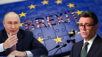 Composición con los rostros del presidente ruso Vladímir Putin y el primer ministro Andy Burnham junto a las palabras Brexit y la bandera europea.