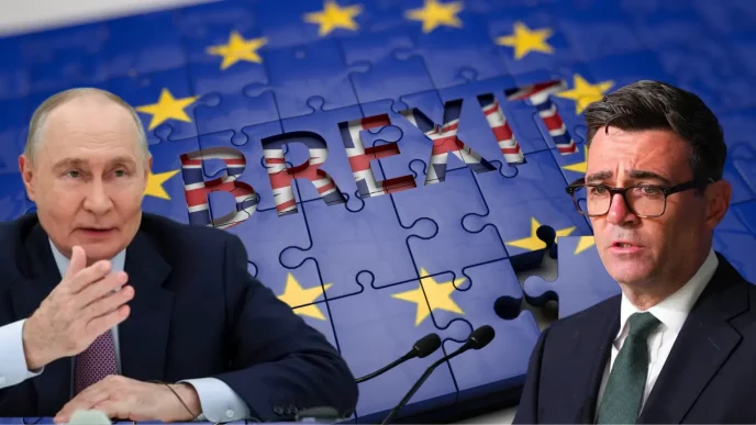 Composición con los rostros del presidente ruso Vladímir Putin y el primer ministro Andy Burnham junto a las palabras Brexit y la bandera europea.