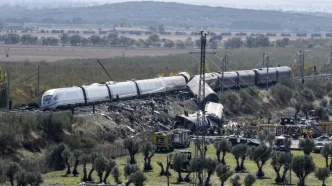 Equipos de rescate y emergencias junto a los vagones descarrilados del accidente ferroviario entre Urda y Los Yébenes.
