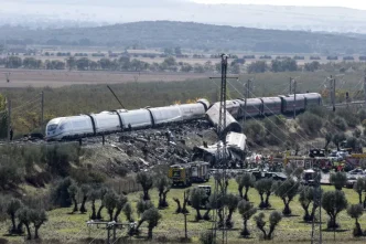 Equipos de rescate y emergencias junto a los vagones descarrilados del accidente ferroviario entre Urda y Los Yébenes.
