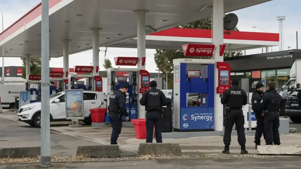 Agentes de policía uniformados patrullando el perímetro de una gasolinera tras un tiroteo en París.
