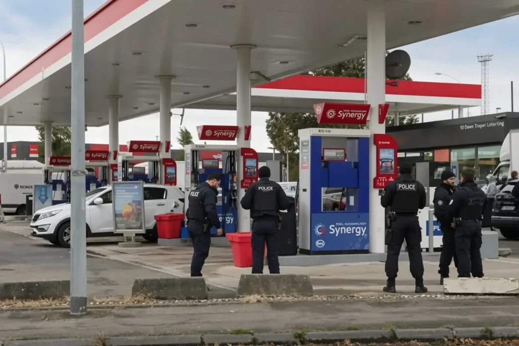 Agentes de policía uniformados custodiando una gasolinera en la periferia de París tras los tiroteos.