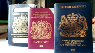 Tres pasaportes británicos de colores azul y burdeos apoyados sobre una superficie blanca.