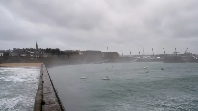 Vista panorámica gris y nublada de una costa marítima azotada por fuertes vientos y olas en el Reino Unido.